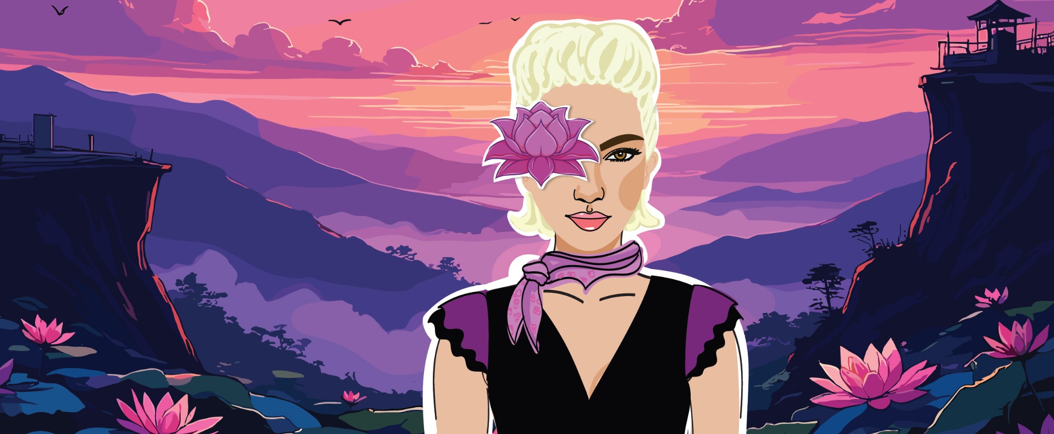 PART OF ME wellness character in a purple mountain landscape