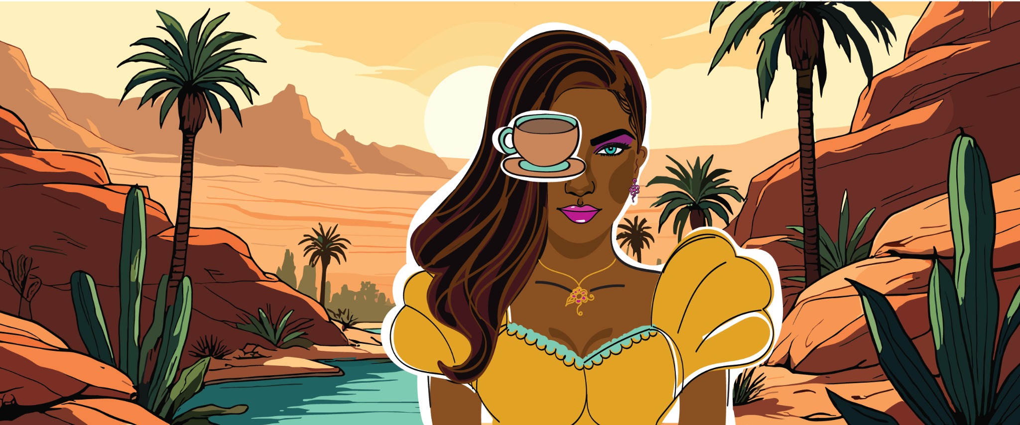 PART OF ME coffee character in a sunlit desert landscape